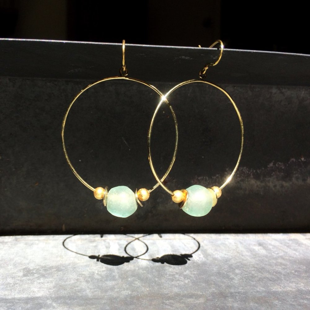 Blue | Green Sea Glass | Vintage Brass Bead Hoops